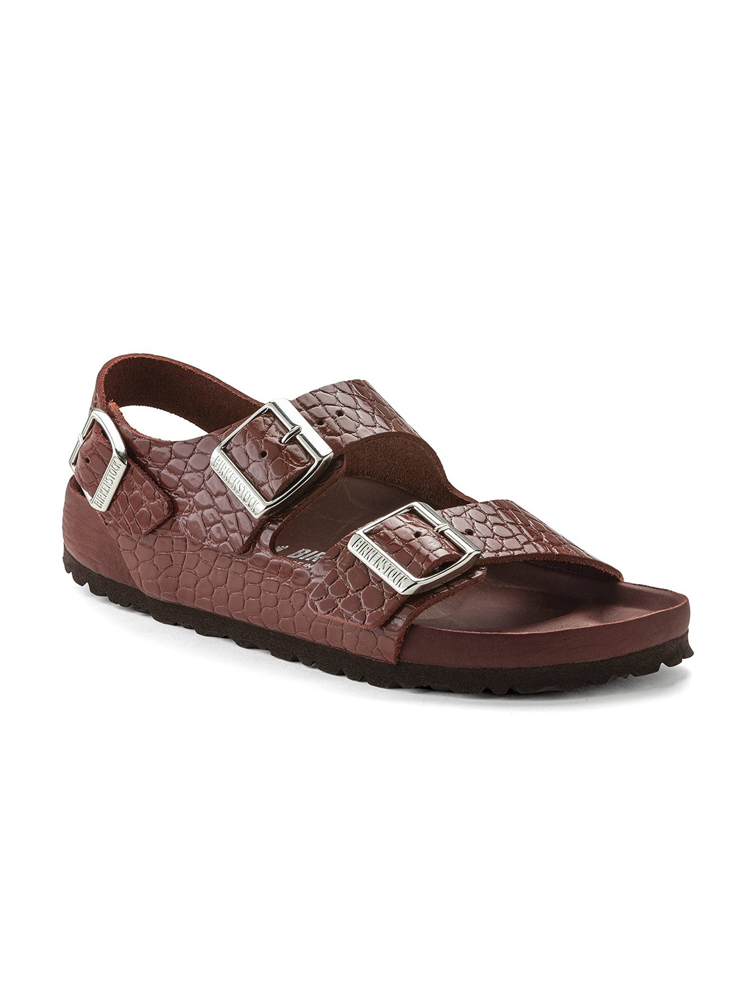 

Birkenstock Milano Rivet Logo Women Narrow Width Textured Leather Buckle Closure Sandals, Brown