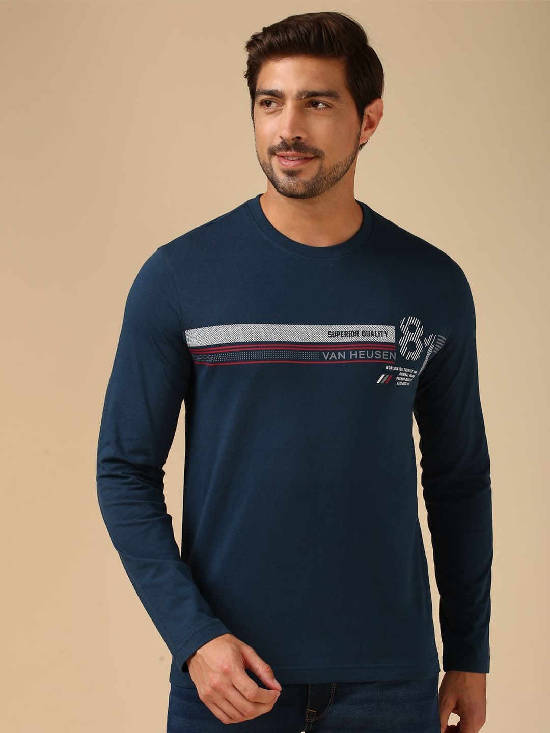 Van Heusen Men Typography Striped Pure Cotton Pockets T-shirt, Navy blue