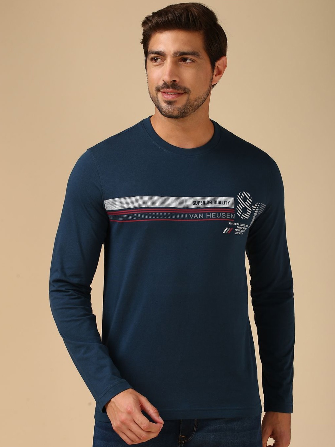 

Van Heusen Men Typography Printed Crew Neck Pure Cotton T-shirt, Navy blue