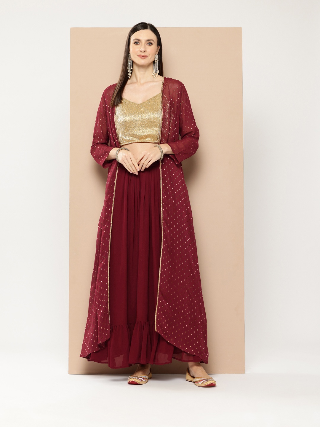 

Purple State Crop Top With Skirt & Shrug, Maroon