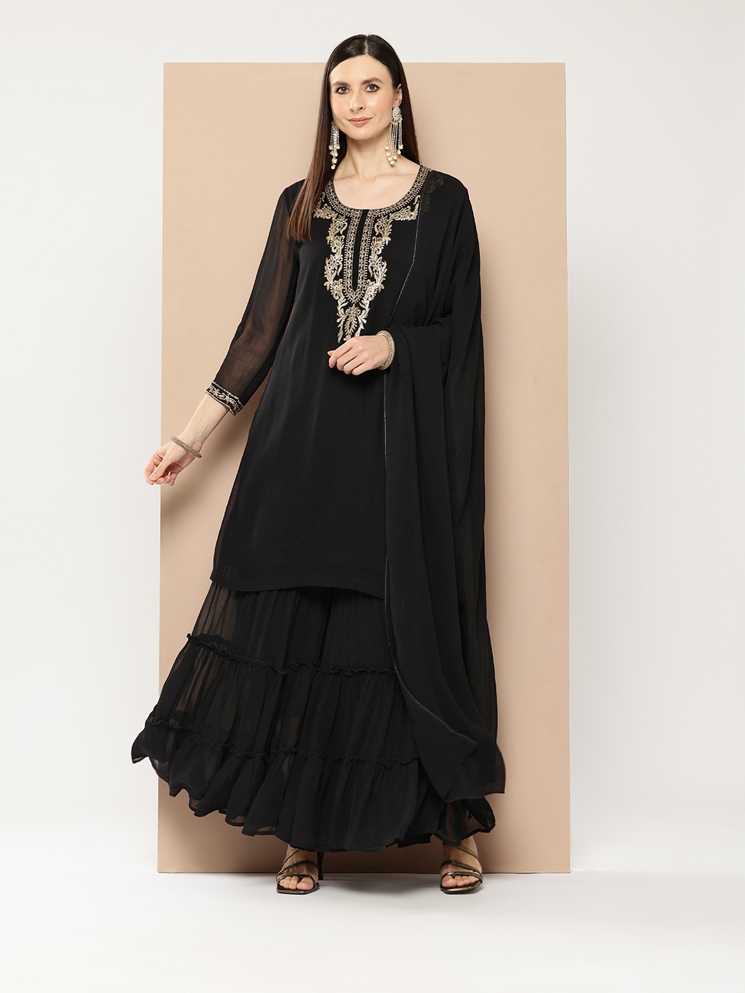 

Purple State Ethnic Motifs Yoke Design Zari Kurta With Sharara & Dupatta, Black