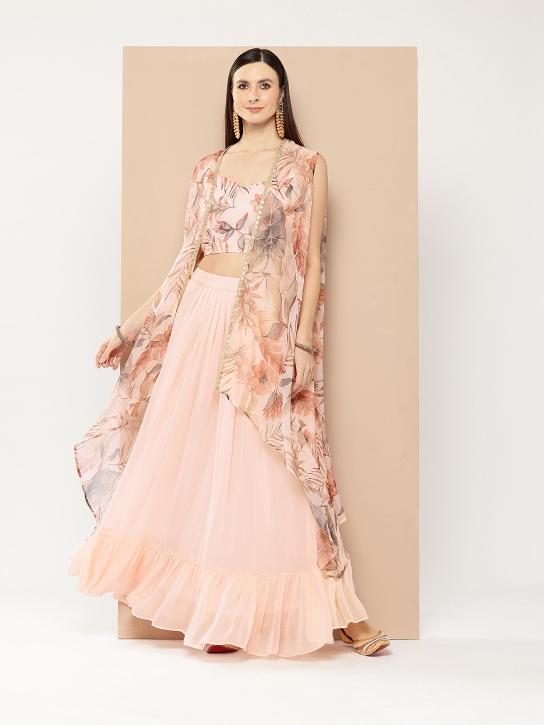 

Purple State Floral Printed Top With Skirt & Shrug, Peach