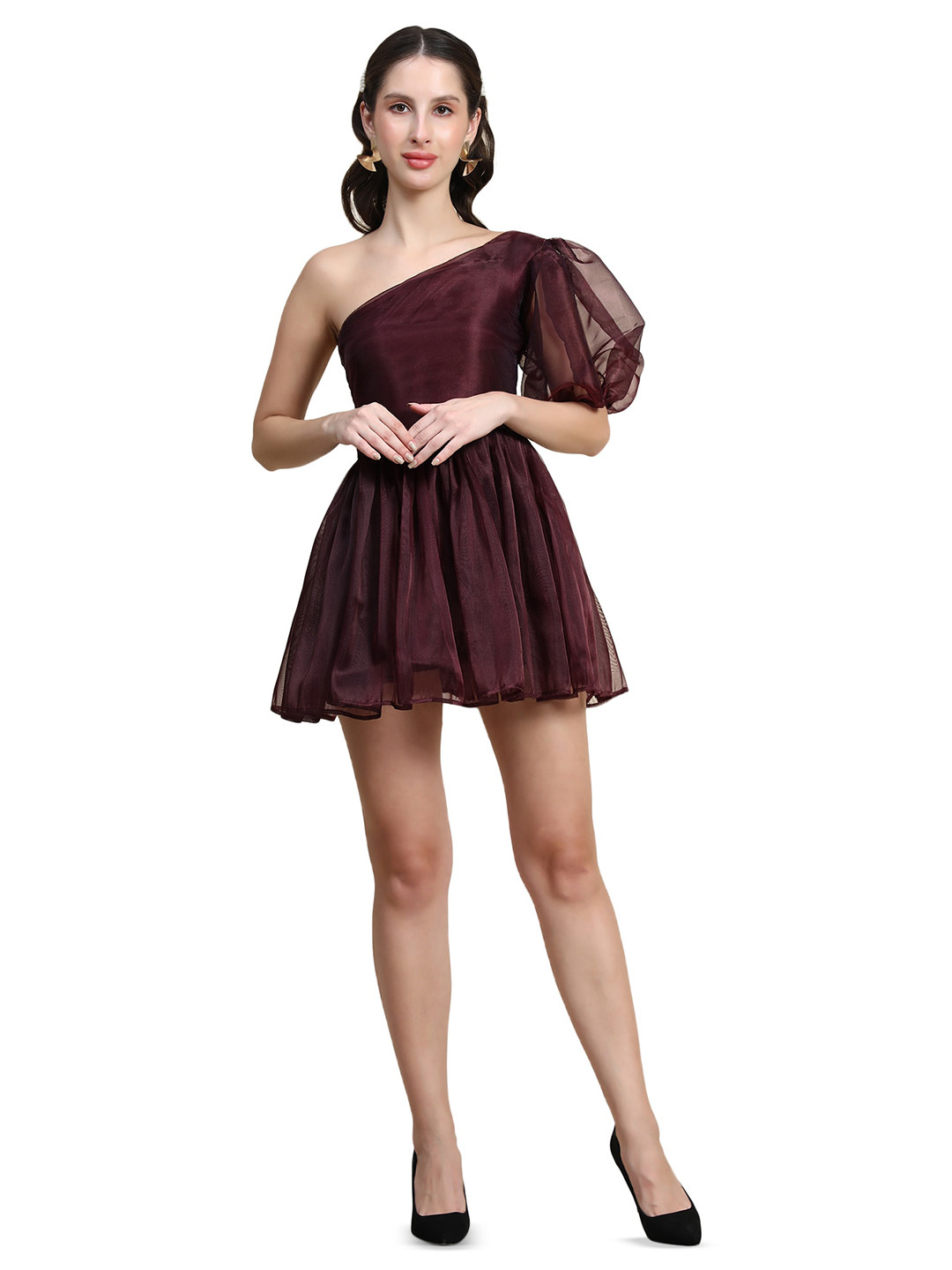 

Rujave Puff Sleeve Applique Crepe Fit & Flare Mini Dress, Purple