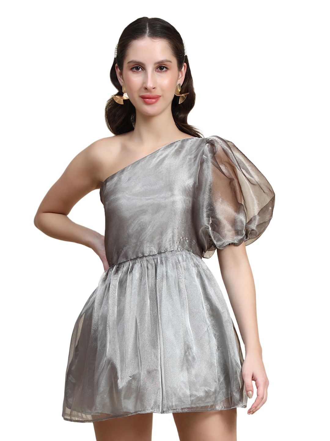 

Rujave One Shoulder Puff Sleeves Crepe Fit & Flare Mini Dress, Silver