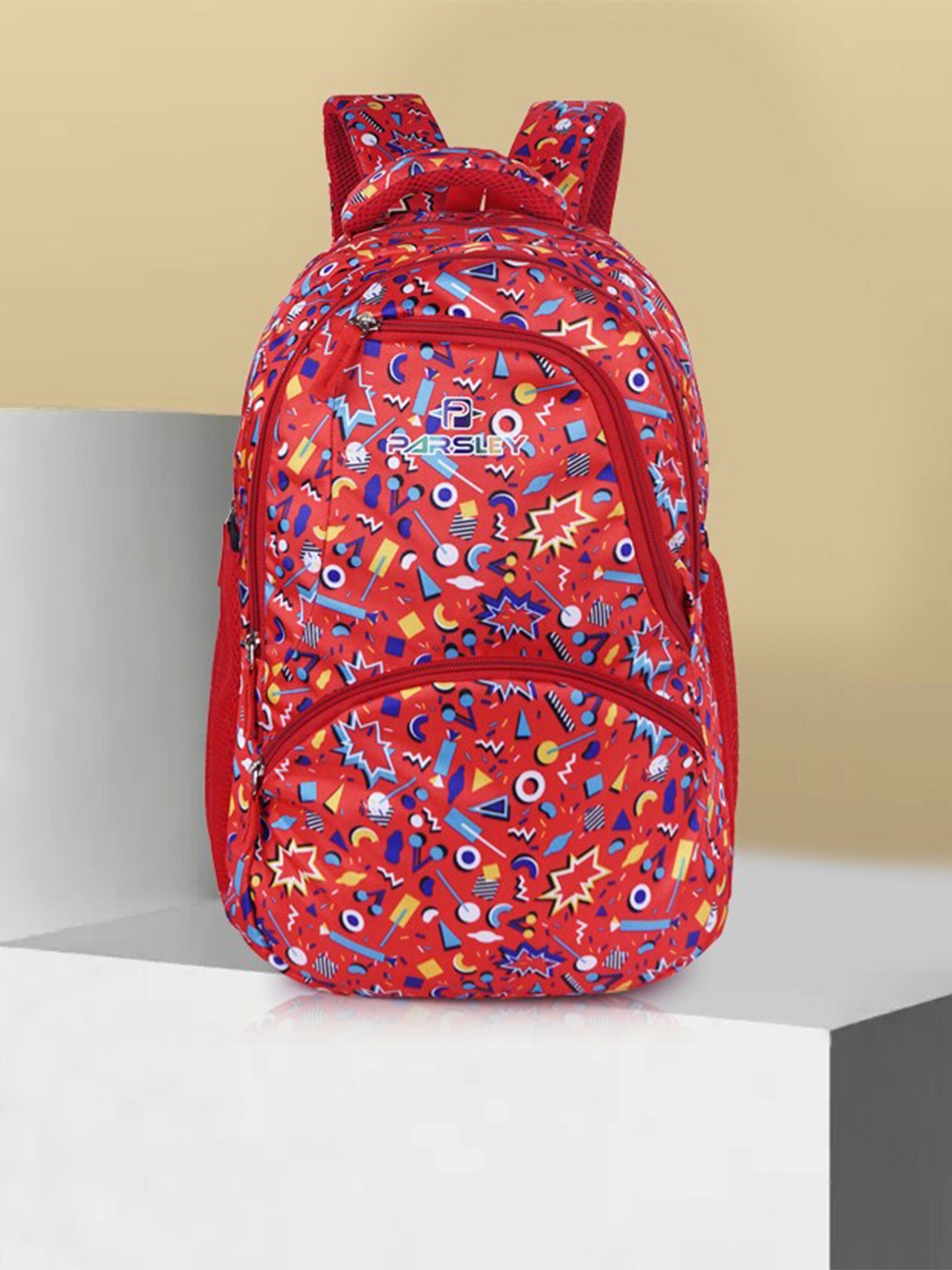 

PARSLEY Unisex Kids Geometric Polyester Backpack, Red