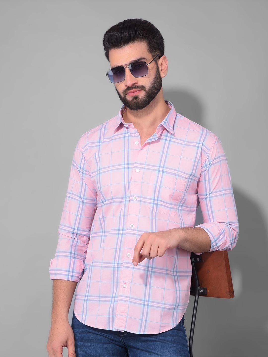 

COBB Slim Fit Checked Spread Collar Long Sleeves Casual Shirt, Pink