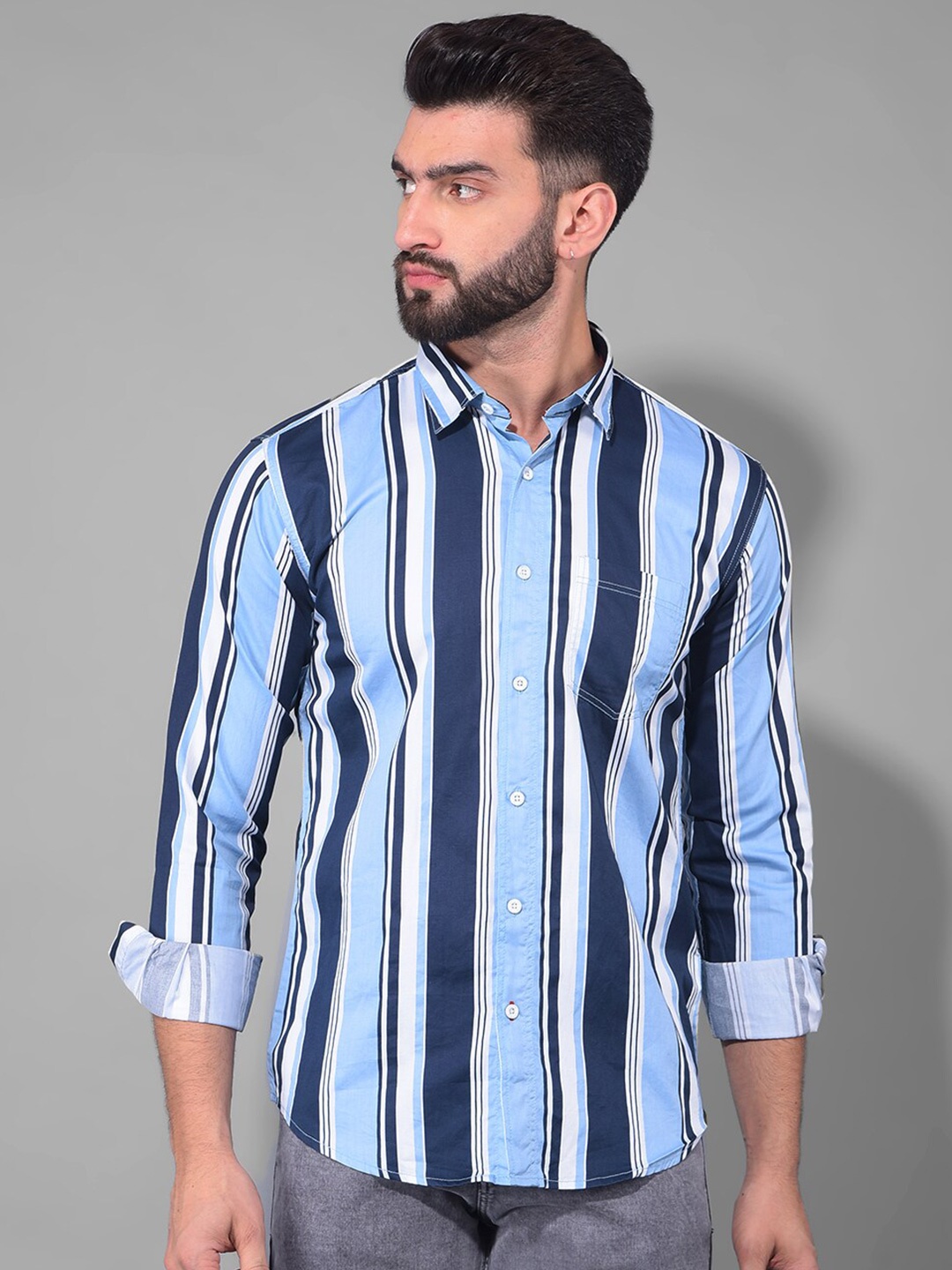 

COBB Men Slim Fit Opaque Striped Casual Shirt, Blue