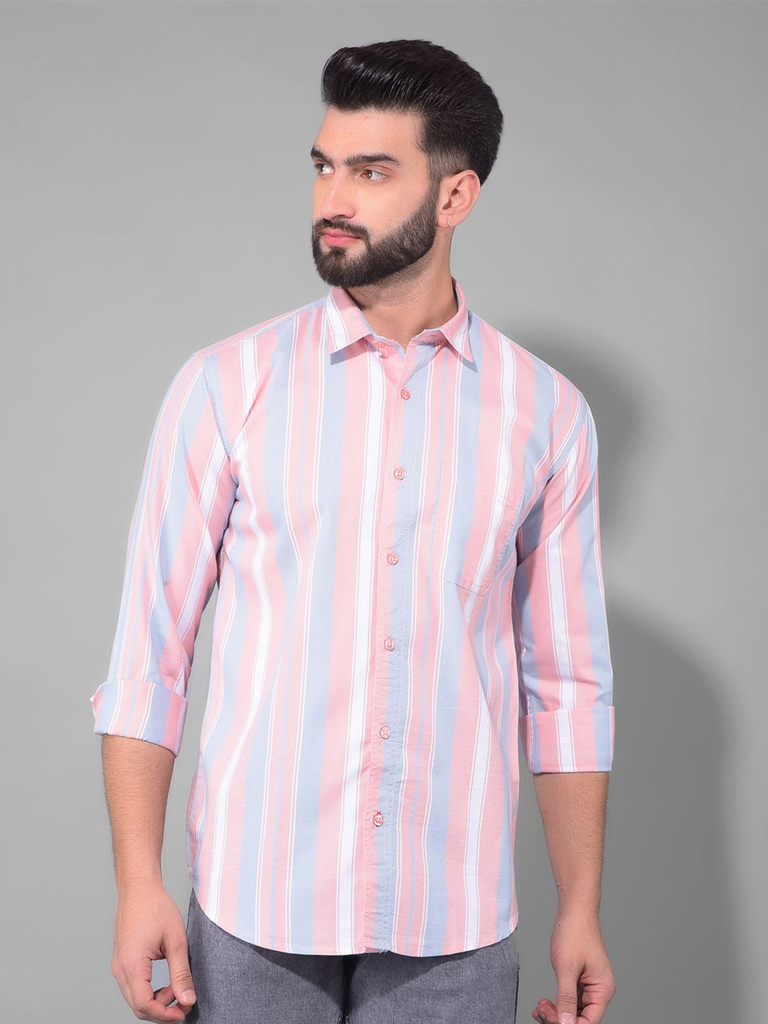 

COBB Slim Fit Multi Striped Casual Spread Collar Long Sleeves Cotton Casual Shirt, Pink