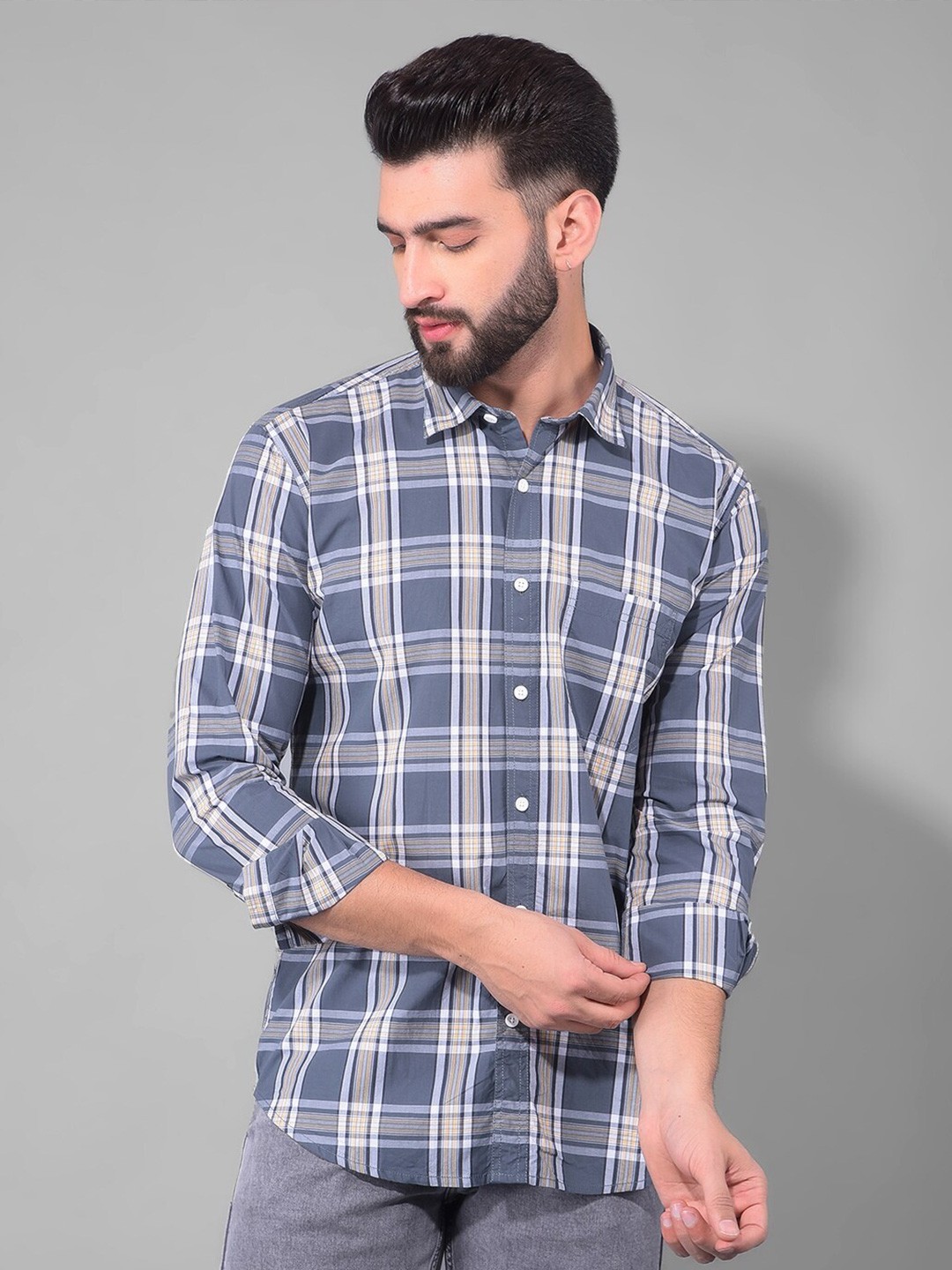 

COBB Slim Fit Tartan Checked Spread Collar Long Sleeves Casual Shirt, Grey