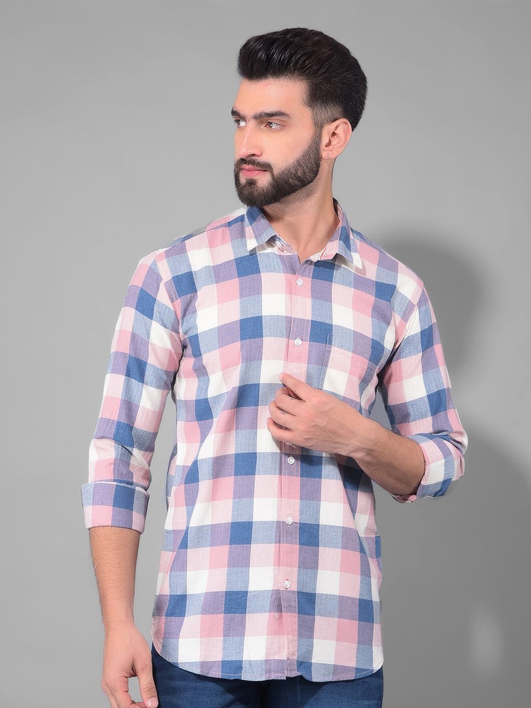 

COBB Slim Fit Gingham Checked Spread Collar Long Sleeves Cotton Casual Shirt, Pink