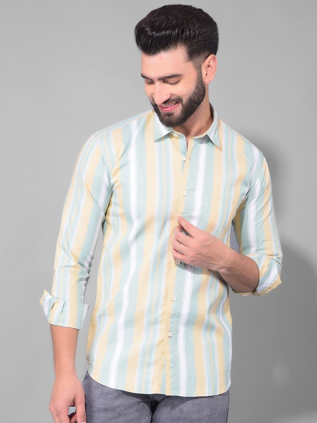 

COBB Men Slim Fit Opaque Striped Casual Shirt, Beige