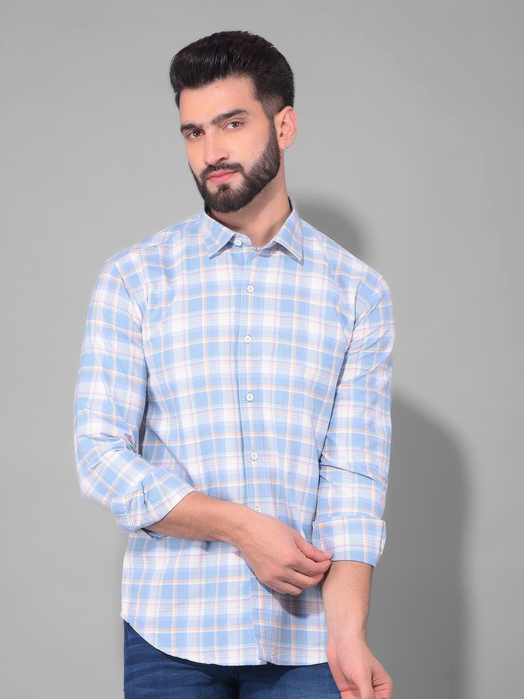 

COBB Slim Fit Checked Spread Collar Long Sleeves Cotton Casual Shirt, Grey