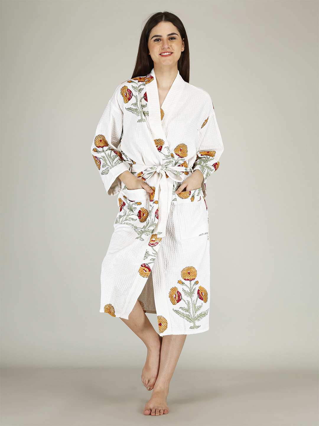 

LIVING ROOTS Unisex Luxury Jaipur Block Printed Premium Waffle Cotton, Quick Dry Bathrobe, White