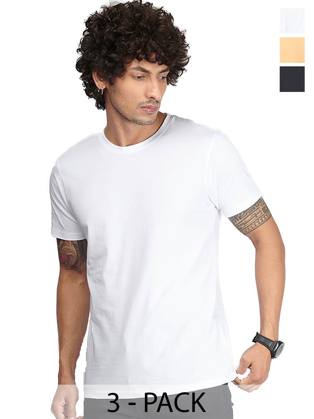

STATUS MANTRA Men Set Of 3 Solid Round Neck T-shirt, Multi