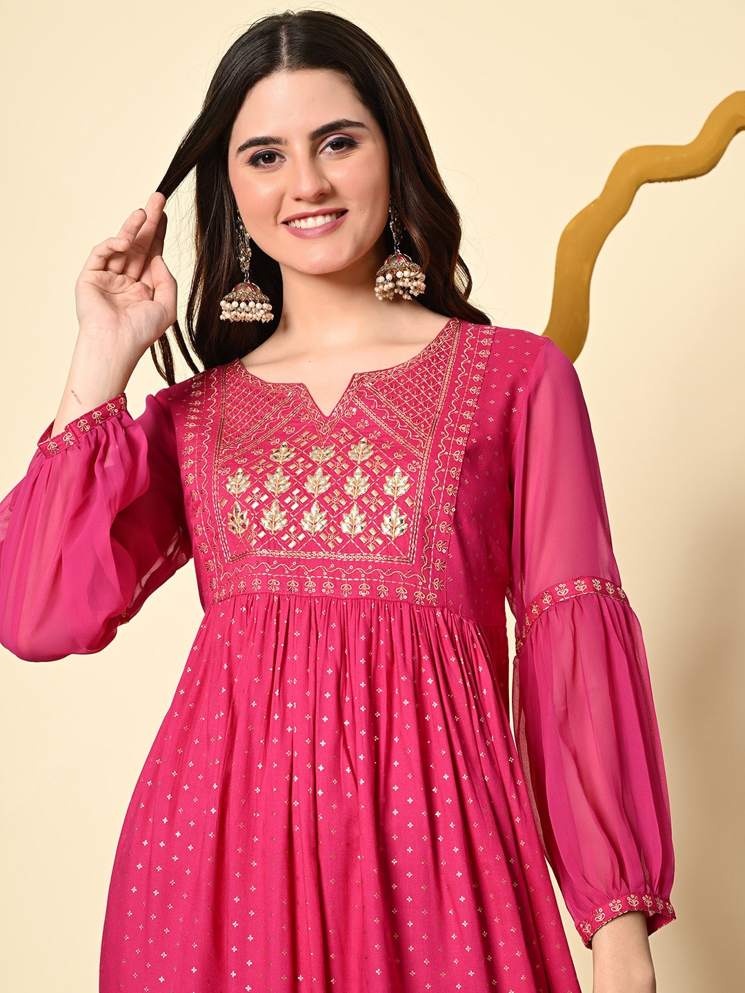 

aaivan Ethnic Motifs Printed Round Neck Calf Length Kurta, Pink