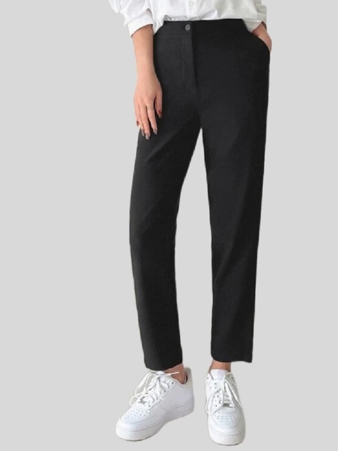 

FNOCKS Women Comfort Slim Fit High-Rise Easy Wash Trousers, Black