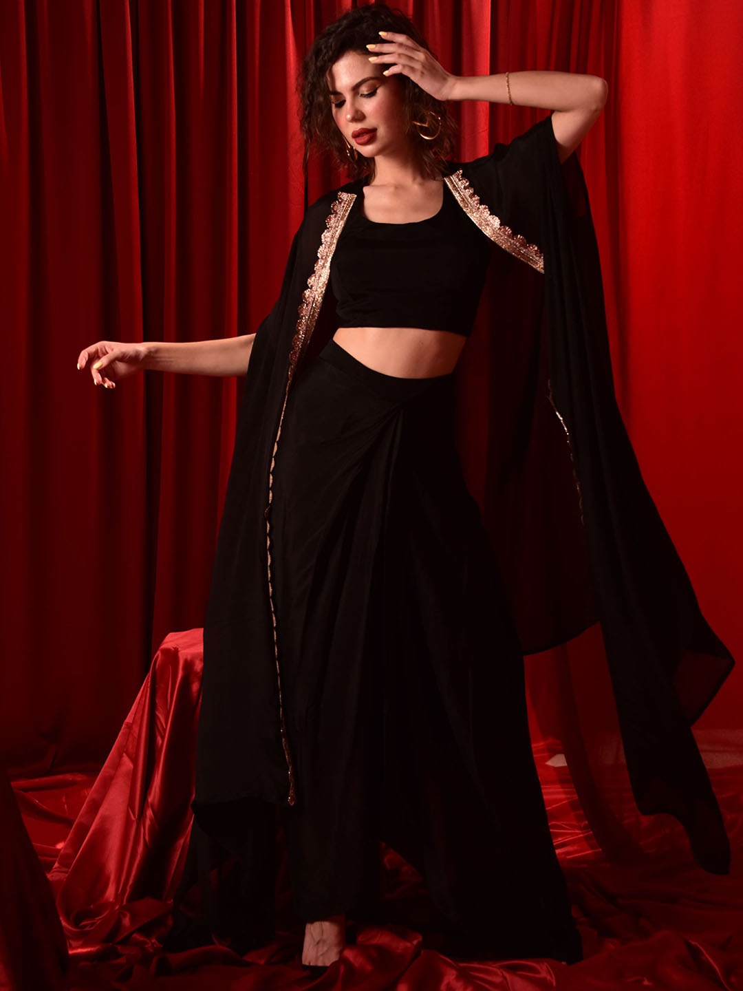 

Laalzari Embellished Crop Top With Drape Skirt & Shrug Co-Ords, Black