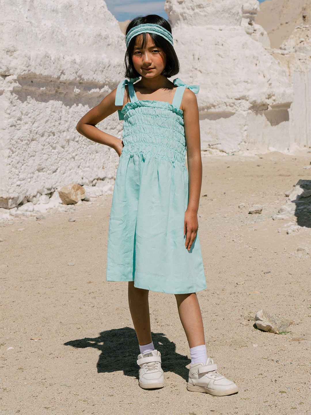 

CHI LINEN CLOTHING Girls Linen A-Line Midi Dress, Blue