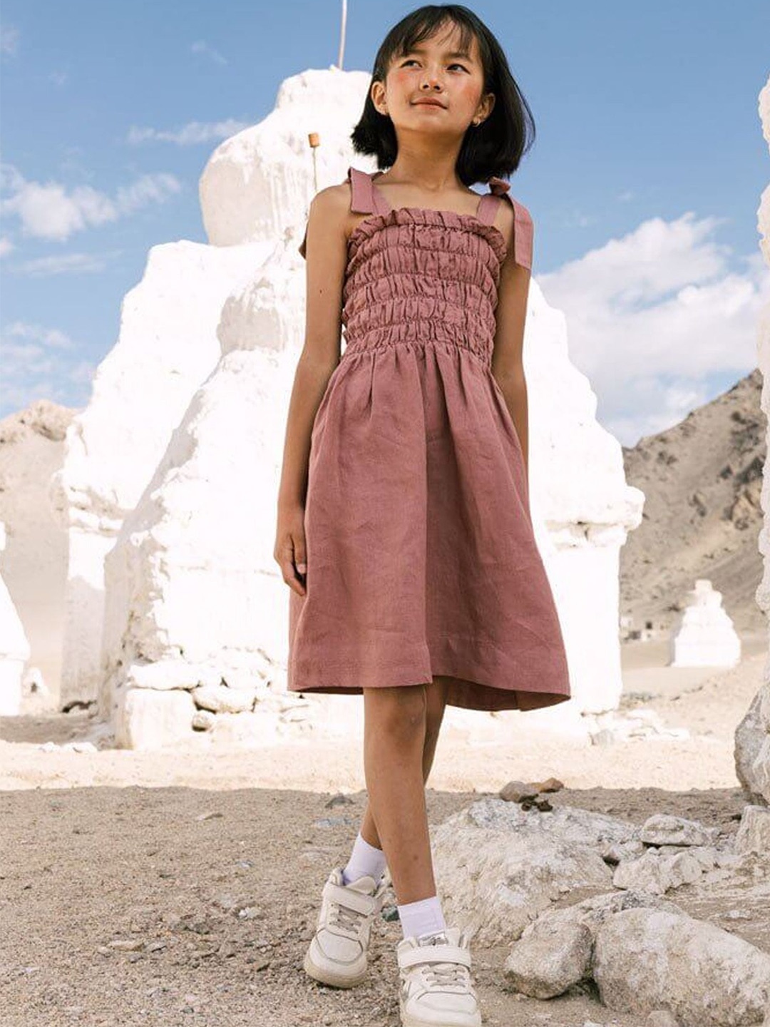 

CHI LINEN CLOTHING Girls Square Neck Linen A-Line Dress, Pink