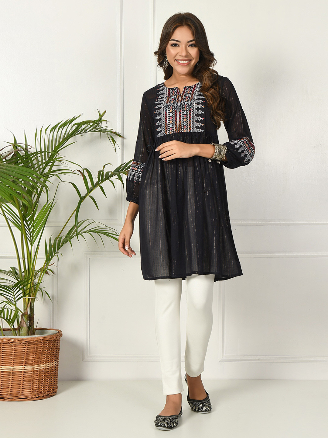 

aaivan Women Ethnic Motifs A-Line Dress, Black