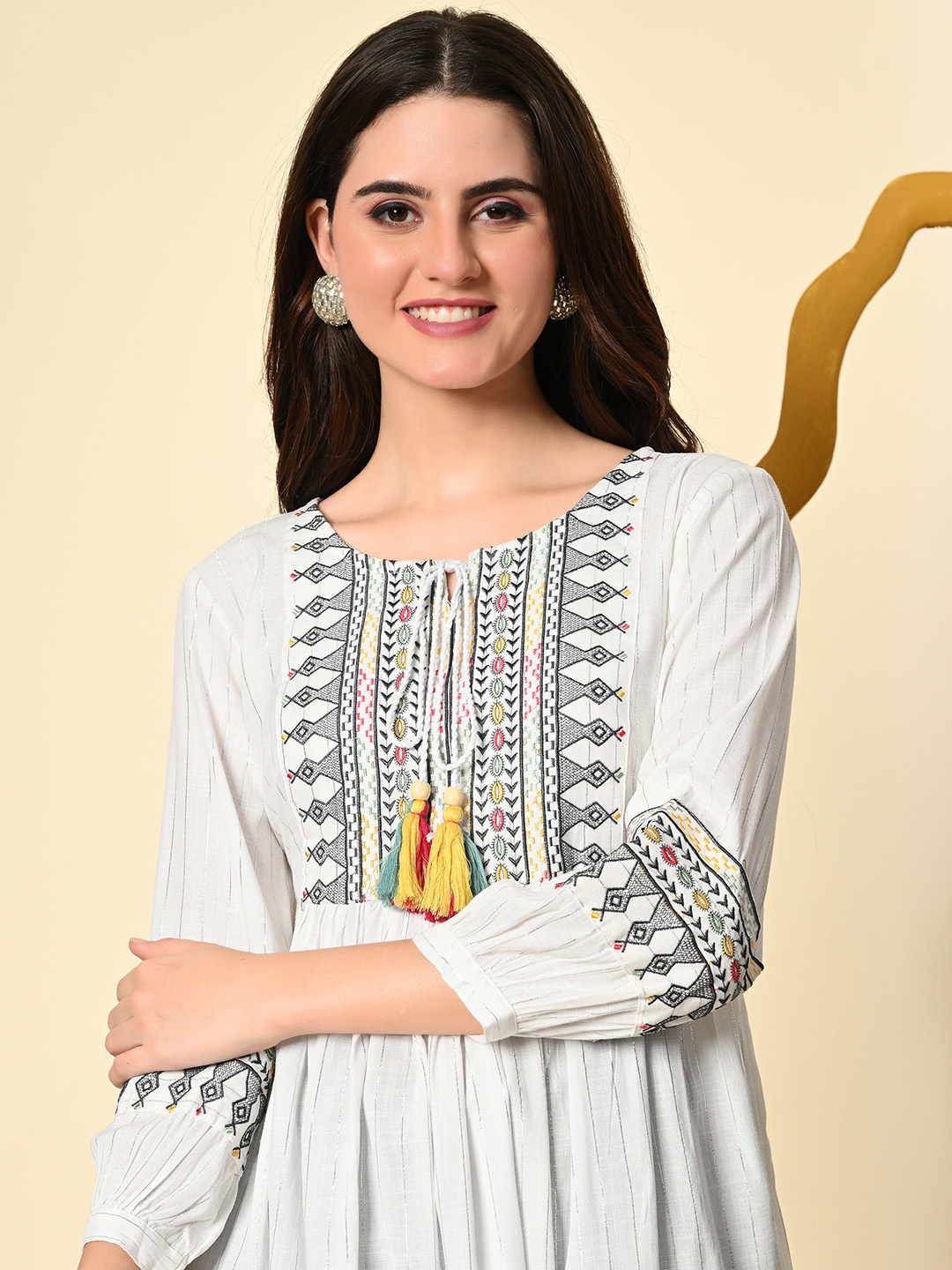 

aaivan Embroidered Tie-Up Neck Bell Sleeve Cotton A-Line Dress, White