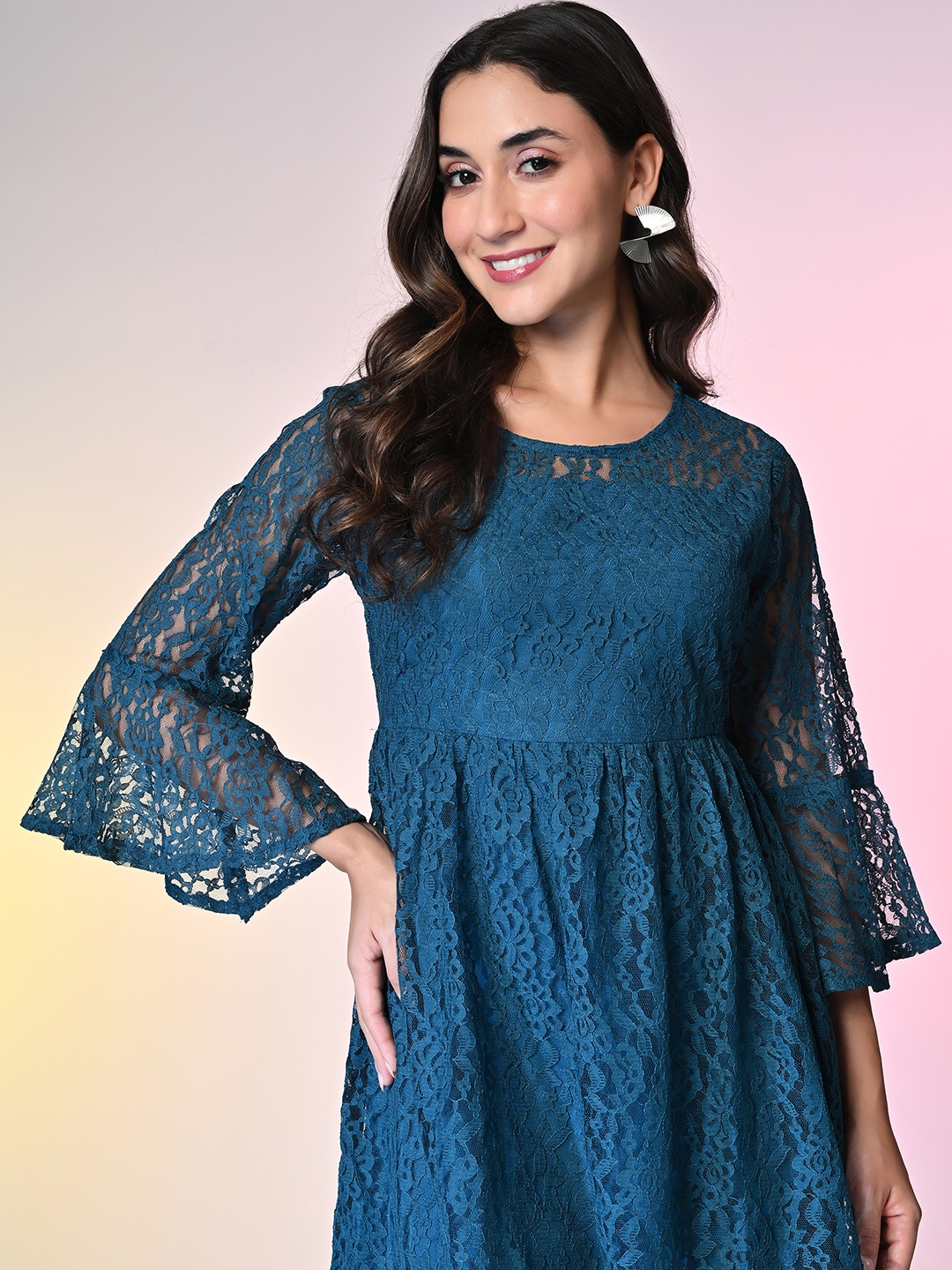 

aaivan Round Neck Bell Sleeve Lace Fit & Flare Mini Dress, Blue