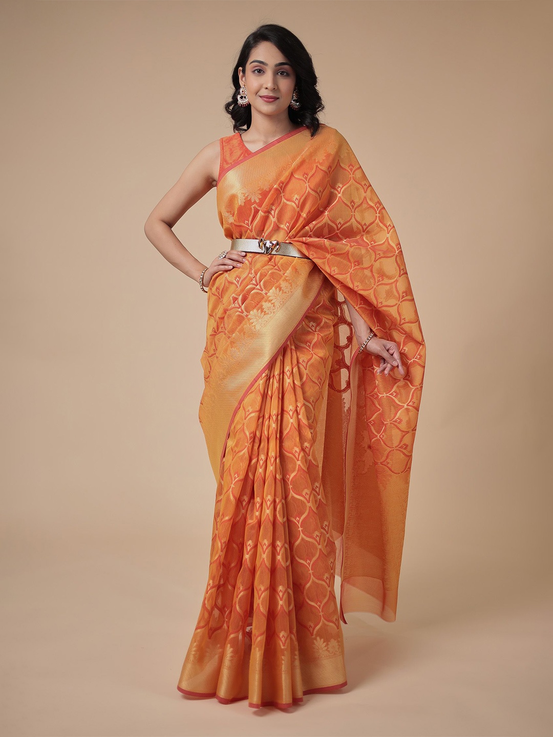 

ZARI Woven Design Zari Kota Saree With Blouse Piece, Orange