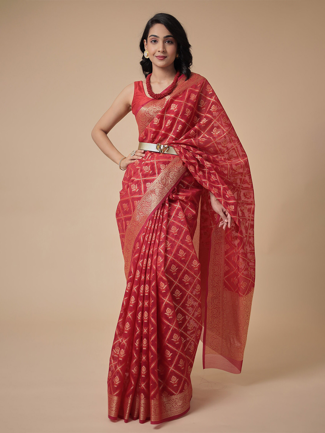 

ZARI Ethnic Motifs Zari Kota Saree, Red