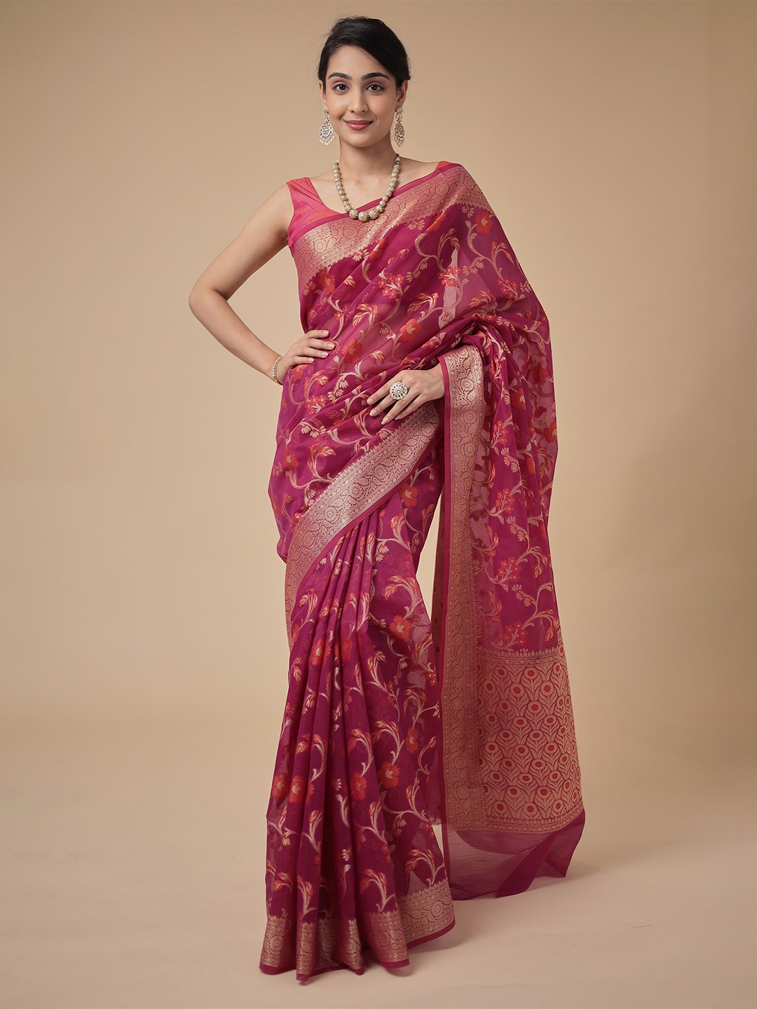 

ZARI Ethnic Motifs Zari Kota Saree With Blouse Piece, Purple