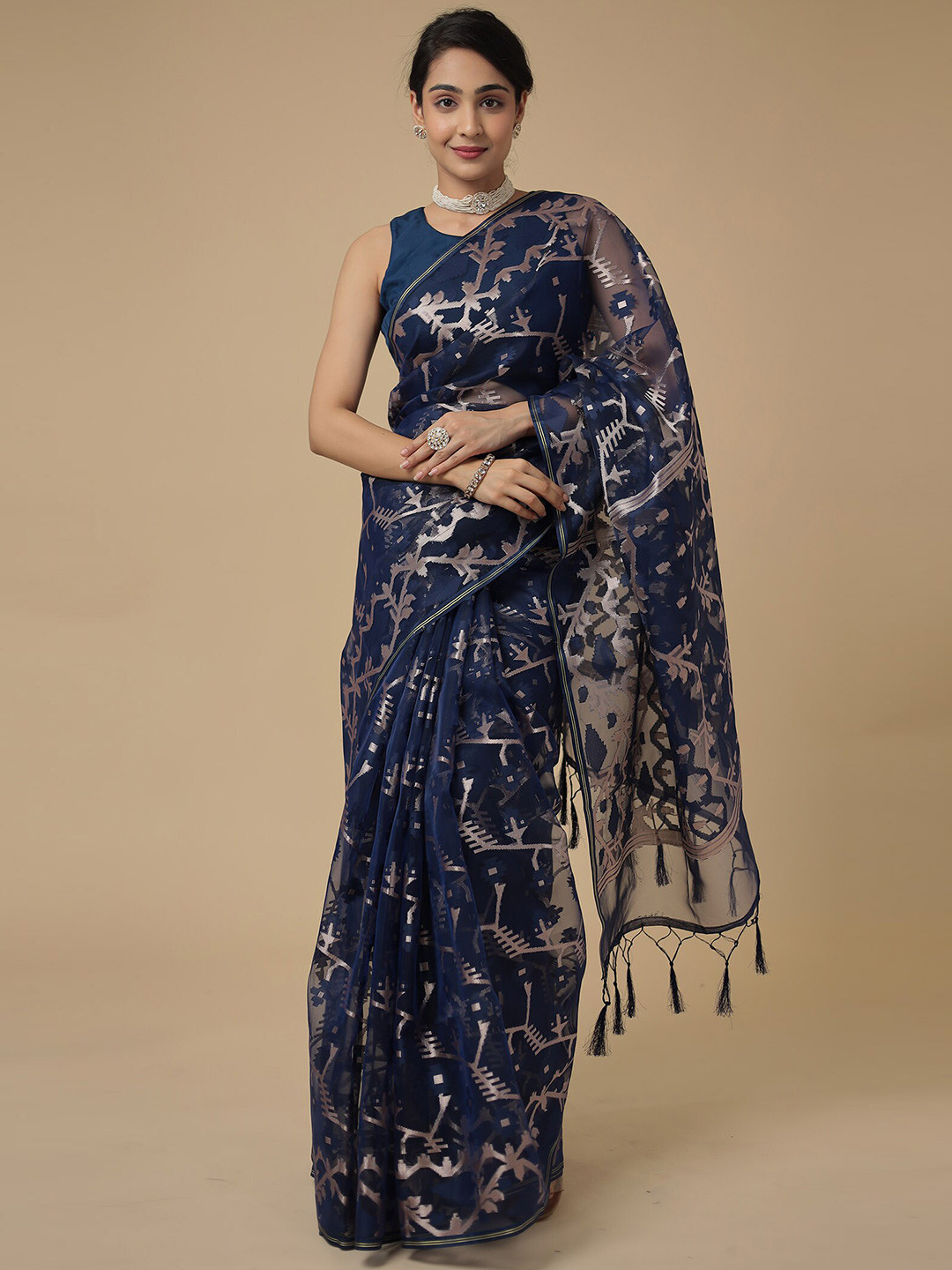 

ZARI Woven Design Zari Organza Saree, Blue