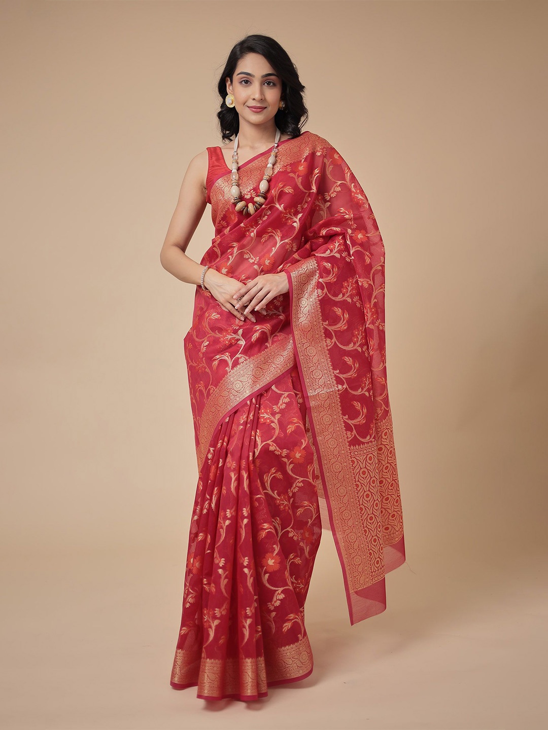 

ZARI Ethnic Motifs Zari Kota Saree With Blouse Piece, Red
