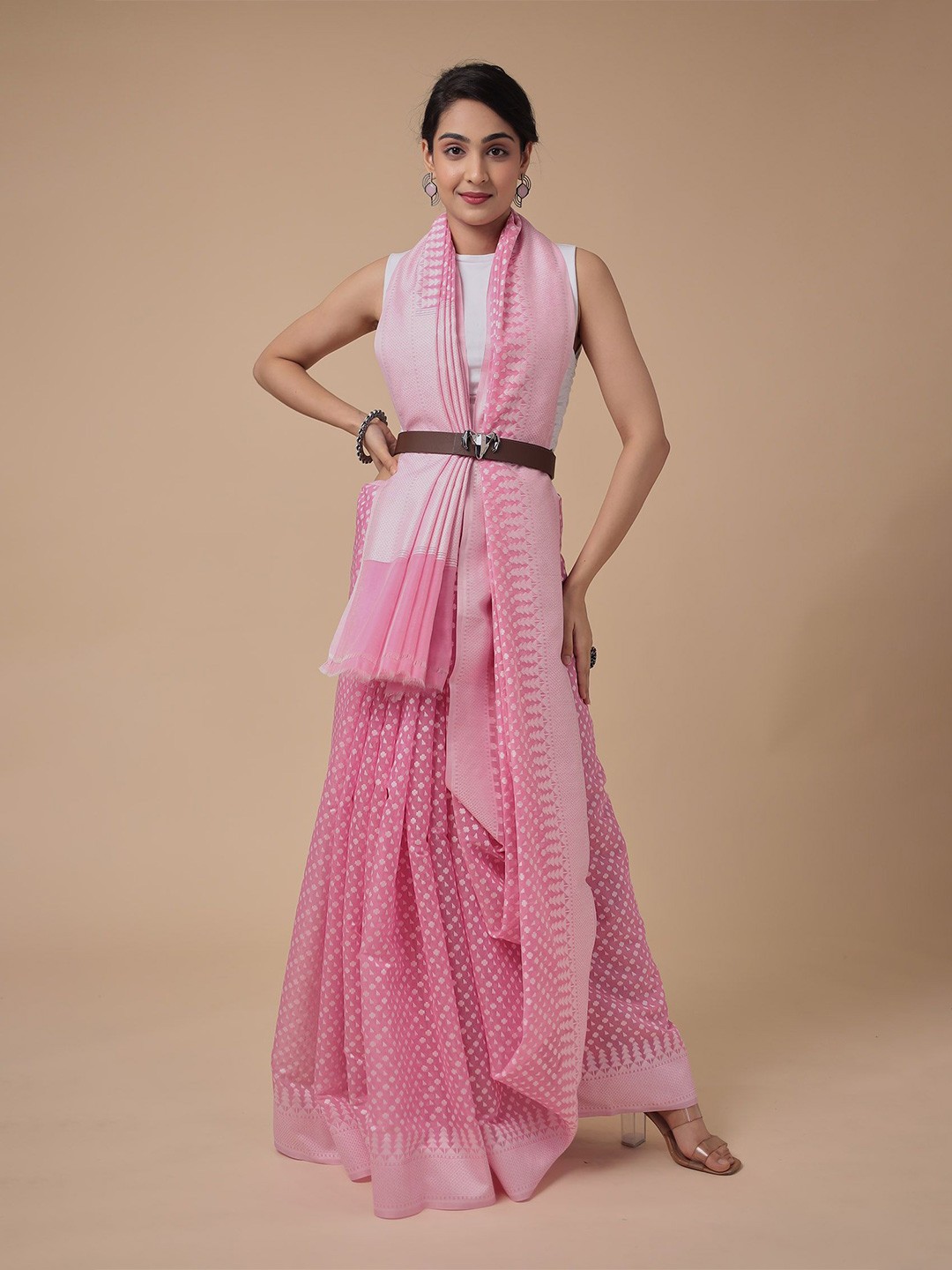 

ZARI Ethnic Motifs Zari Silk Cotton Chanderi Saree, Pink