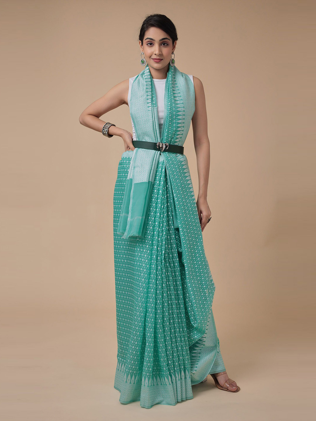 

ZARI Woven Design Zari Silk Cotton Chanderi Saree, Green