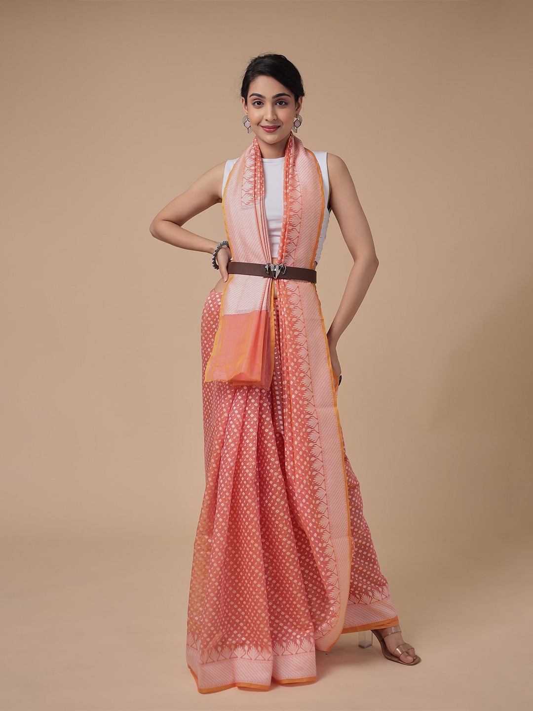 

ZARI Ethnic Motifs Zari Silk Cotton Chanderi Saree, Peach