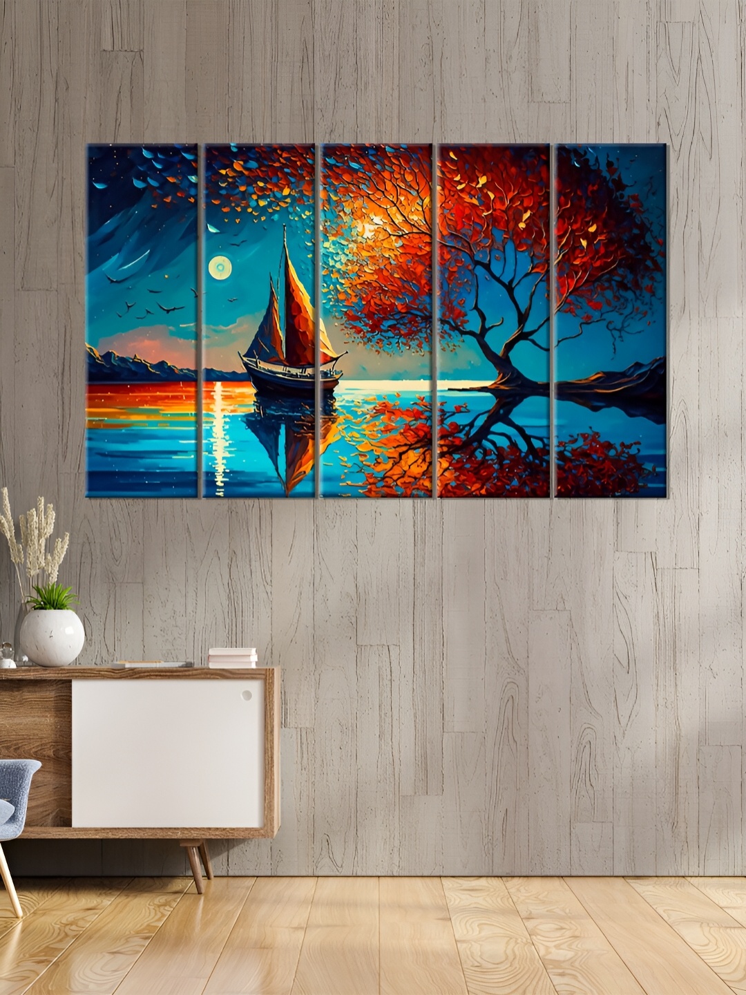 

OLIVE TREE Blue & Orange 5 Piece Wood Wall Art
