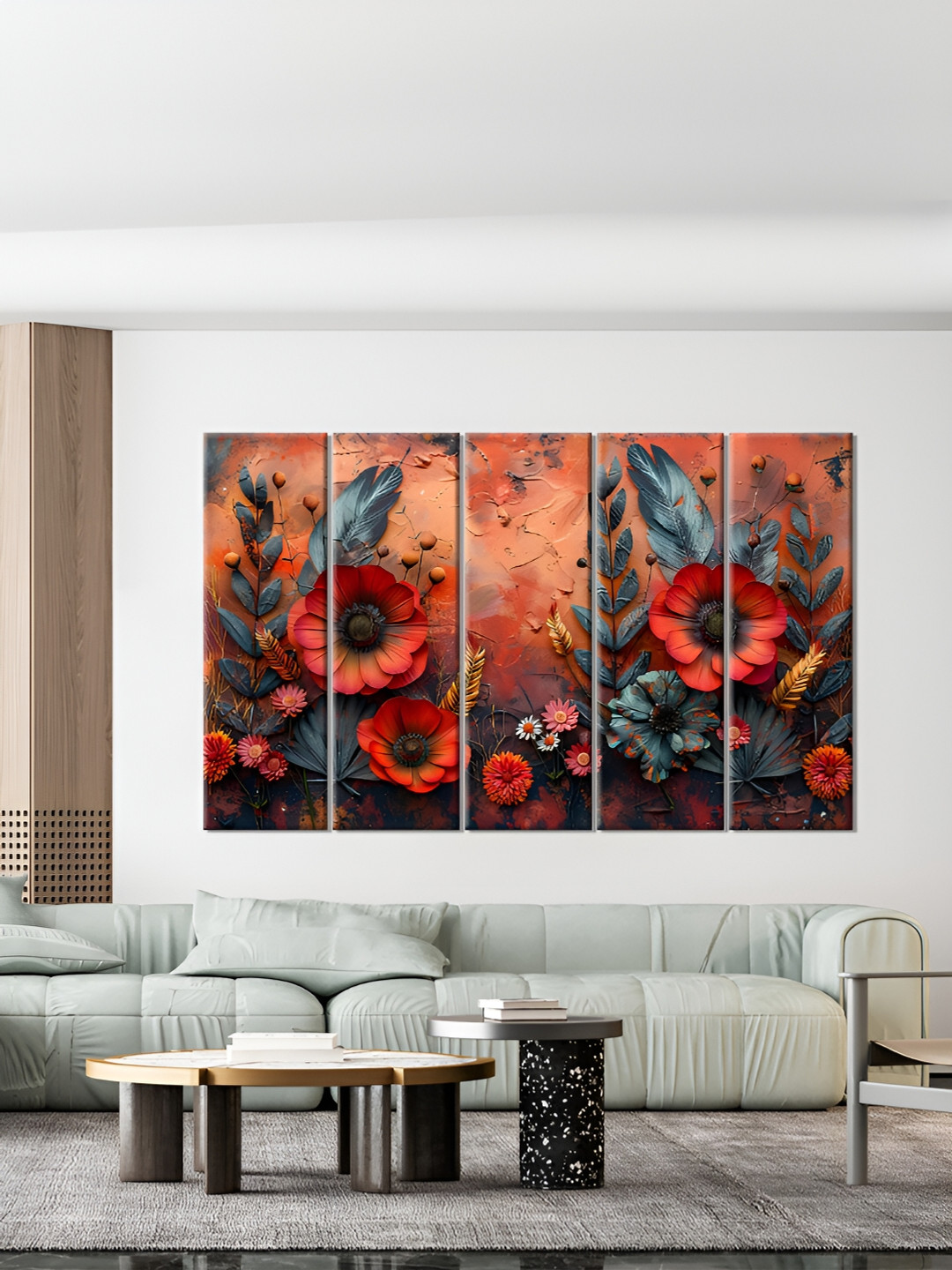 

OLIVE TREE Red & Grey 5 Piece Wood Floral and Botanical Painting Wall Art