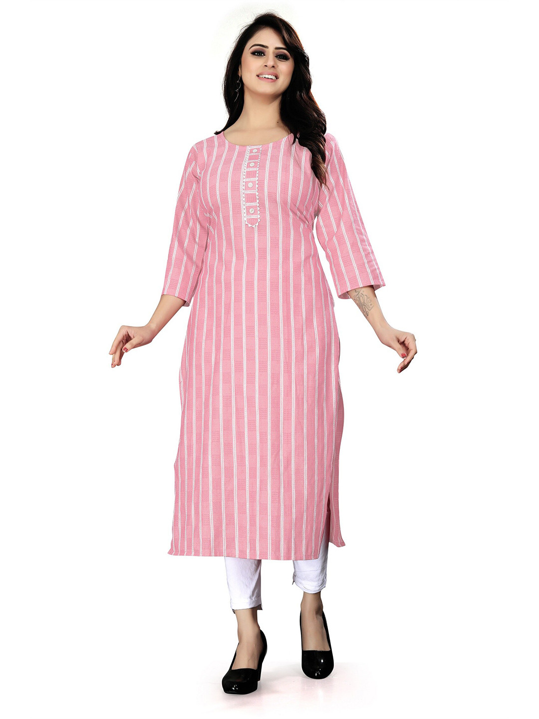 

THE WOMEN DECOR Striped Cotton Straight Kurta, Pink