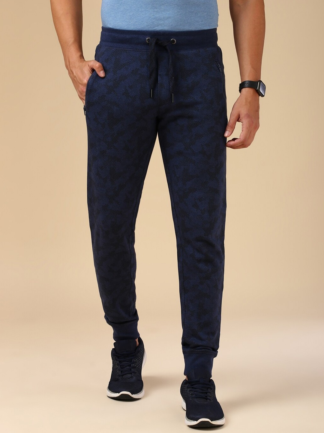 Van Heusen Men Printed Cotton Mid Rise Joggers, Blue