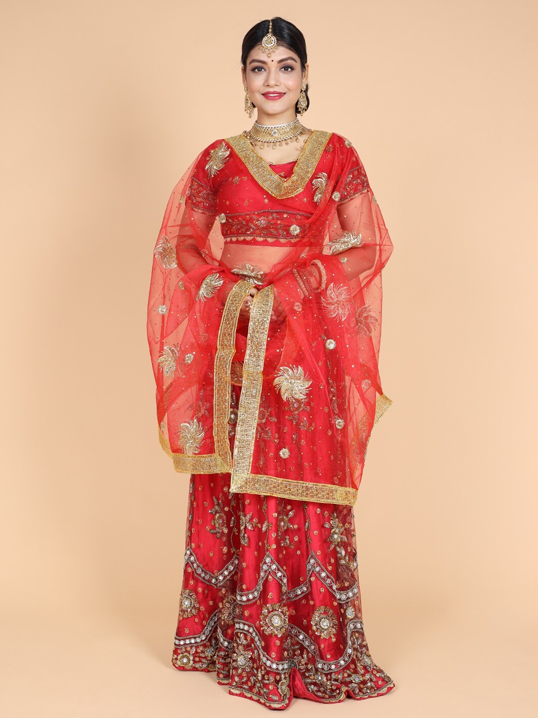 

NAMASKAR Ethnic Motifs Embroidered Beads and Stones Dupatta, Red