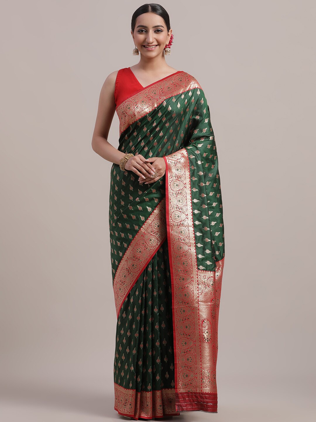 

Jhilmil Fashion Ethnic Motifs Zari Banarasi Saree, Green