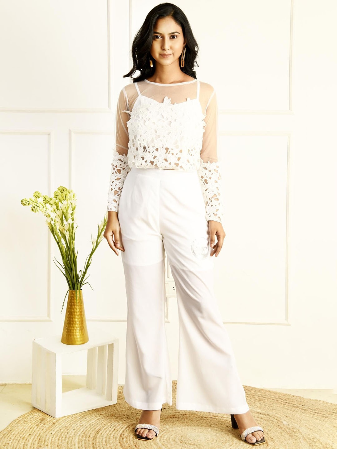 

BAESD Embroidered Crochet Top With Bell Bottom Co-Ords, White
