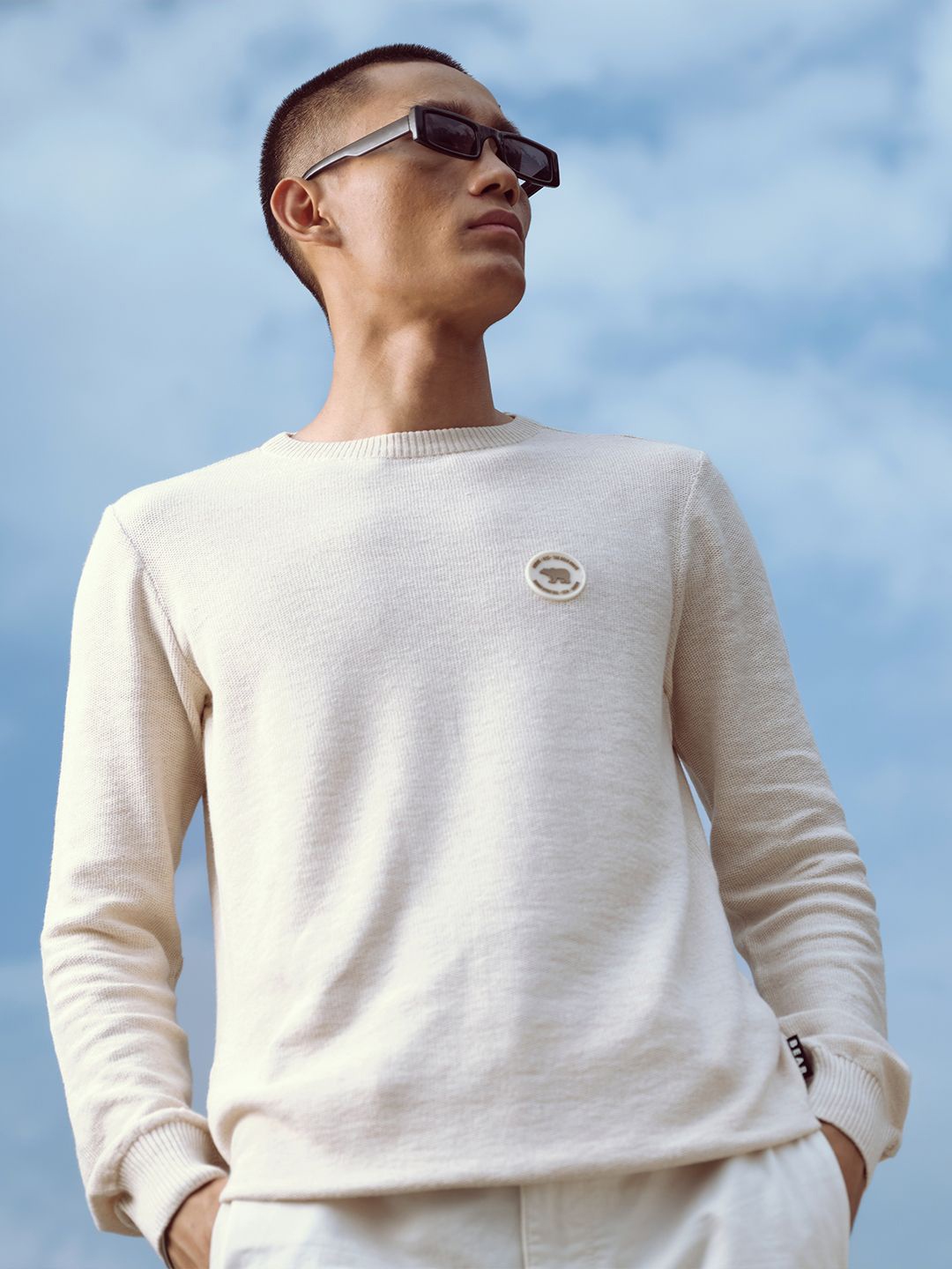 

THE BEAR HOUSE Men Self Design Long Sleeves Slim Fit T-shirt, Cream