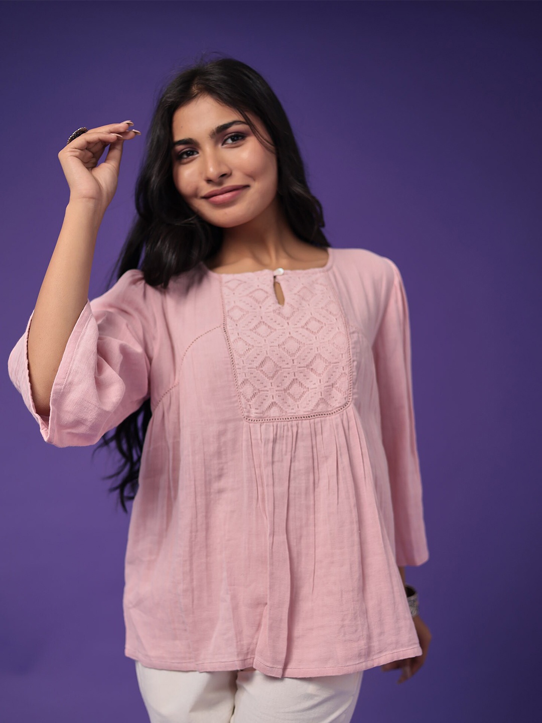 

ZARI Square Neck Self Design Cotton Tunic, Pink