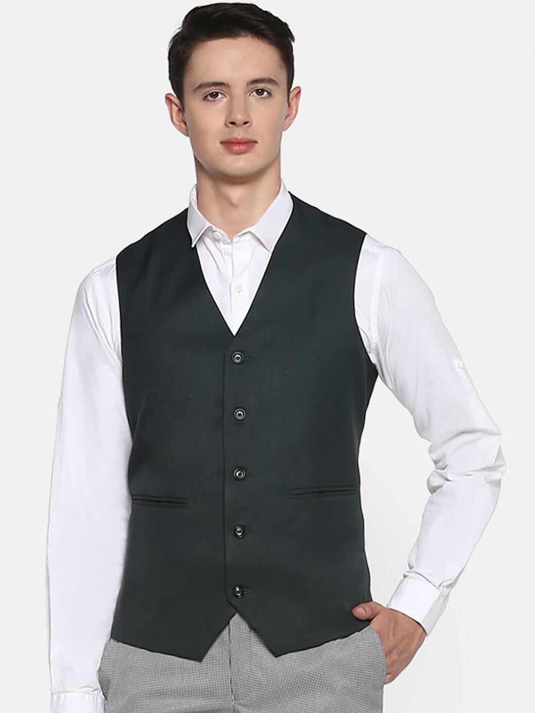 

Shaftesbury London Men V-Neck Woven Waistcoat, Green