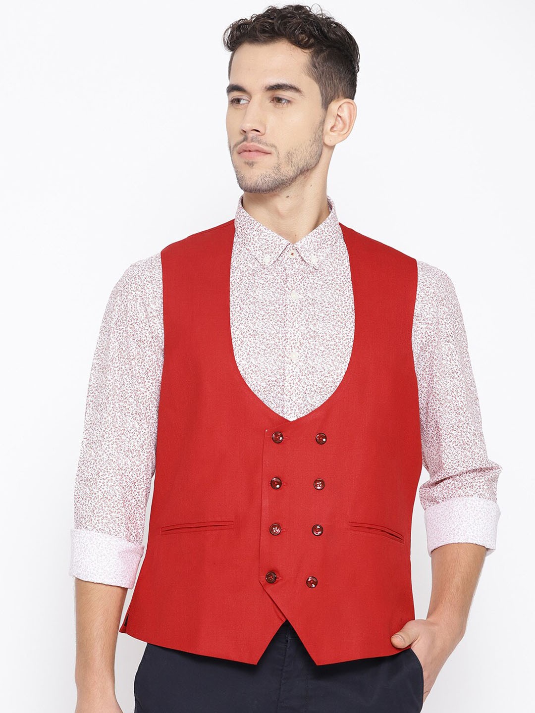 

Shaftesbury London Woven Sleeveless Slim Fit Waistcoat, Red