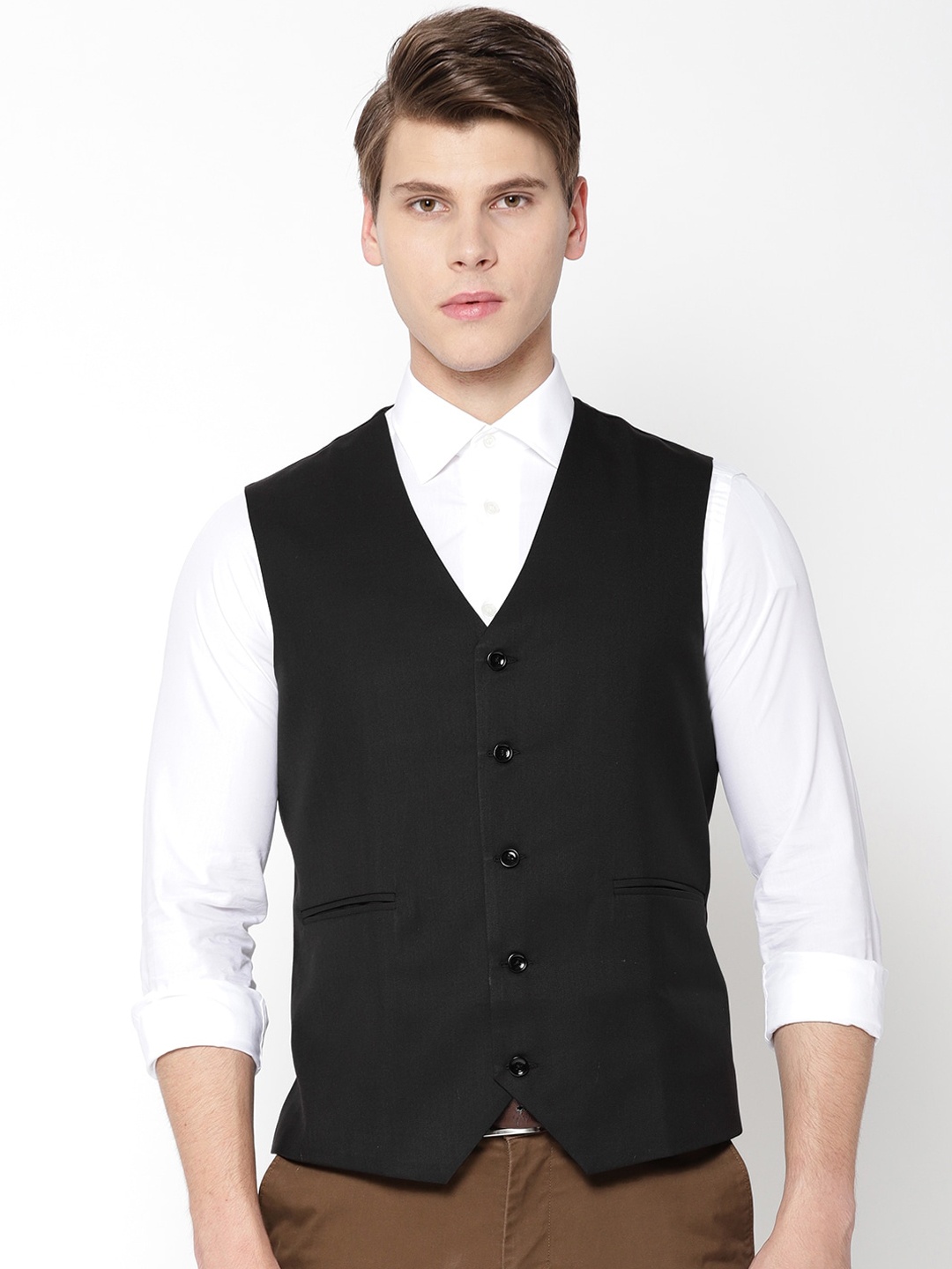 

Shaftesbury London Men Pure Cotton V-Neck Slim Fit Woven Waistcoat, Black