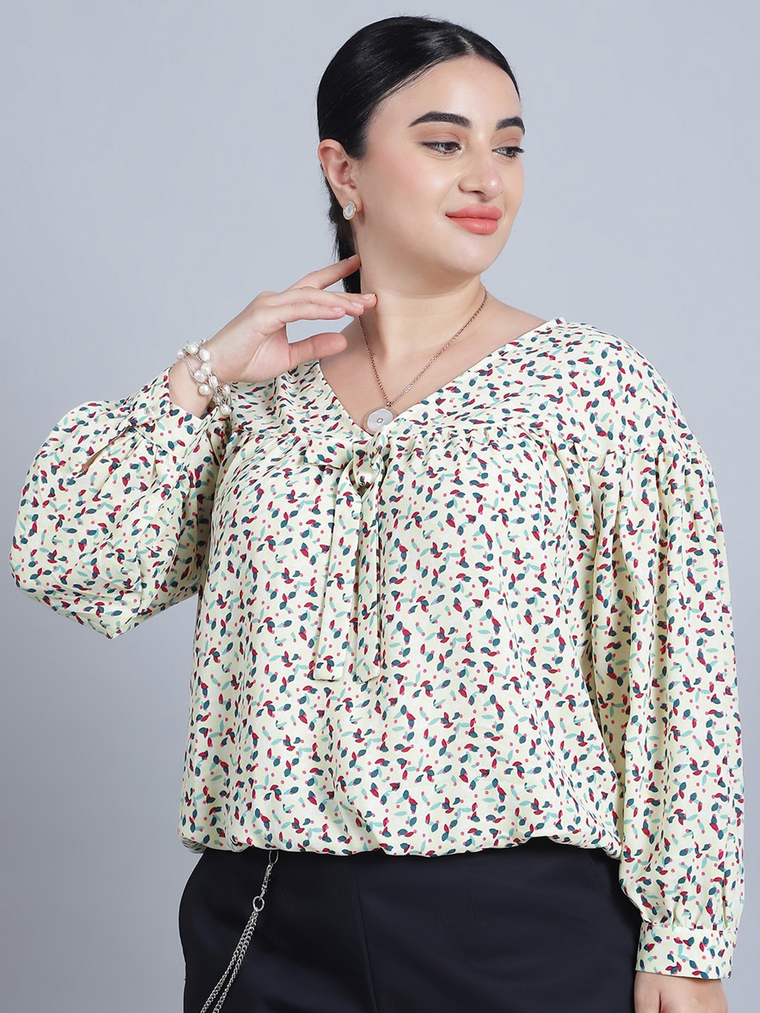 

Baawri Floral Print Tie-Up Neck Puff Sleeve Blouson Top, Cream