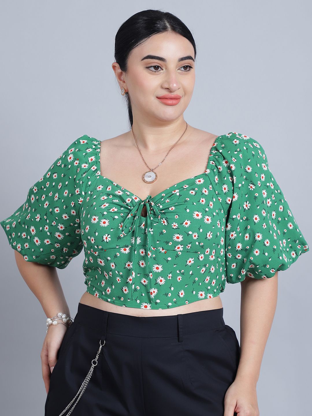 

Baawri Floral Printed Puff Sleeve Crop Top, Green