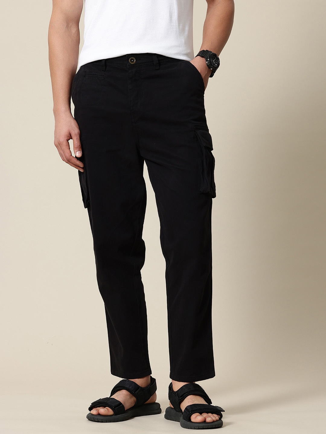 

Mr Bowerbird Men Smart Tapered Fit Cargos Trousers, Black