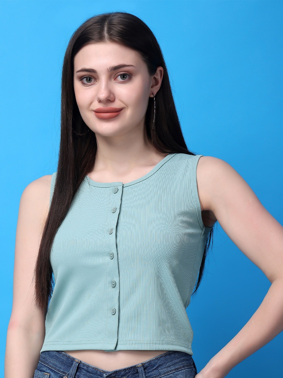 

Bitterlime Round Neck Cotton Crop Top, Green